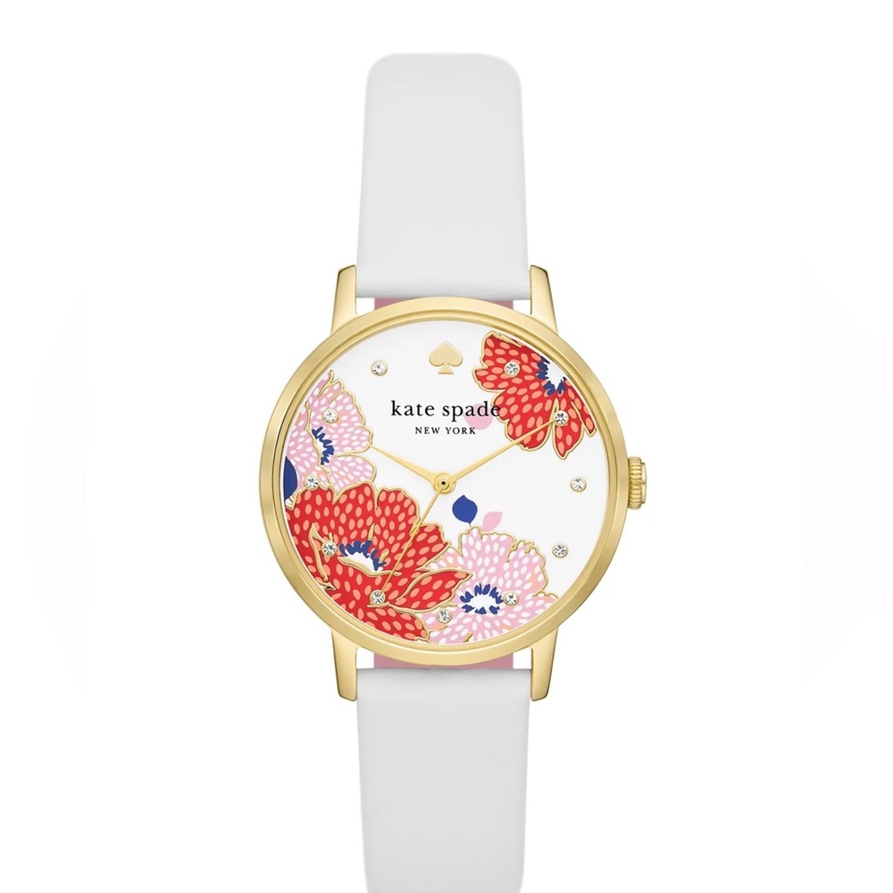 kate spade White Leather Strap Watch with Red & Pink Floral Dial